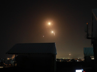 Rockets are launched from the Gaza Strip towards Israel, Tuesday, May. 11, 2021. The barrage of rockets from the Gaza Strip and airstrikes i...