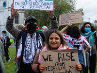  Demonstrators protest outside Parliament in London, UK, on May 11, 2021 against the Colombian government after hundreds of people were inju...