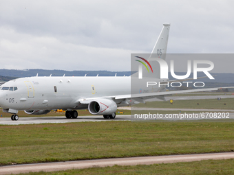 A Royal Air Force Boeing P-8 Poseidon aircraft during Exercise Joint Warrior at RAF Lossiemouth, Scotland on 11th May 2021. 
 (