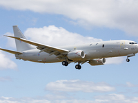 A Royal Air Force Boeing P-8 Poseidon aircraft during Exercise Joint Warrior at RAF Lossiemouth, Scotland on 11th May 2021. 
 (