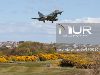 A Royal Air Force Eurofighter Typhoon crosses Moray Golf Course during Exercise Joint Warrior at RAF Lossiemouth, Scotland on 11th May 2021....