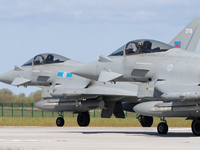 Royal Air Force Eurofighter Typhoons during Exercise Joint Warrior at RAF Lossiemouth, Scotland on 11th May 2021. 
 (