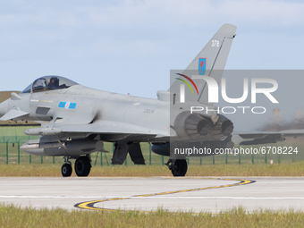 A Royal Air Force Eurofighter Typhoon during Exercise Joint Warrior at RAF Lossiemouth, Scotland on 11th May 2021. 
 (