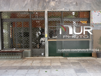 A closed store at the center of Athens, Greece on May 12, 2021. (