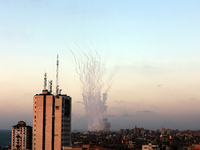 Rockets are launched towards Israel from Gaza City, controlled by the Palestinian Hamas movement, on May 12, 2021. (