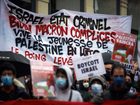 The abnner reads 'Israel criminal state, MBiden, Macron accomplices'. Hundreds of people gathered in support of Gaza and the Occupied Territ...