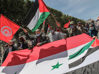 Protesters wave Tunisian, Palestinian and Syrian flags as they shout anti-Israel slogans during a demonstration held by thousands of Tunisia...