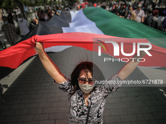 A Tunisian female protester lifts a giant Palestinian flag during a demonstration held by thousands of Tunisian an Palestinian demonstrators...