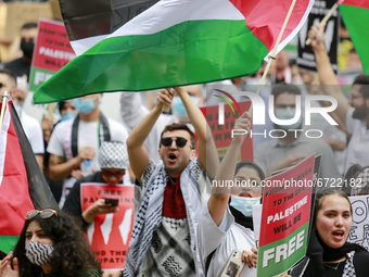Houstonians gathered in Discovery Green Park on May 15th, 2021, in Houston, USA, to protest America's involvement in the Israel-Palestinian...