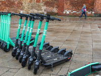 Electric kickscooters belonging to the Bolt scooters sharing company parkedin the city center are seen in Gdansk, Poland on 17 May 2021 
Pol...