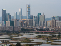 Shenzhen, China, 16 Jan 2021, The SEG plaza building seen in the center of the photo started trembling on its foundations on May 18th, 2021...