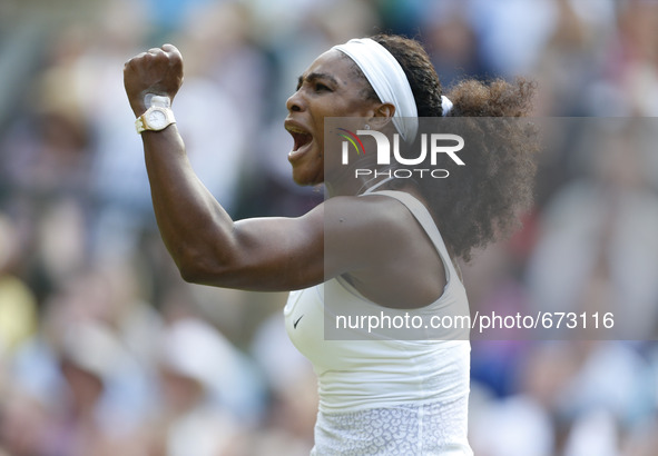 (150704) -- WIMBLEDON, July 4, 2015 () -- Serena Williams of the United States reacts during the lady's third round match against Heather Wa...