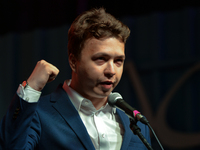 Roman Protasevich addresses the crowd next to a famous Gdansk's Shipyard Gate number 2 on August 31, 2020 during 'Free Poland To Free Belaru...