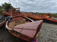 Fishing boats seen securely anchored as a red alert for the cyclone Yaas announced which will hit the coastal areas of West Bengal.  India b...