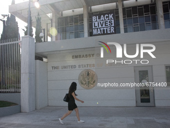 Black Lives Matter banner hung at the US Embassy on the anniversary of the assassination of George Floyd in Athens, Greece on May 25, 2021....