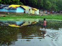 An indian boy crosses the pathway,blocked due to rain water near residential area,in Allahabad on July 6,2015. (