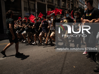 Students during a protest at the center in Athens, Greece, on May 27, 2021. (