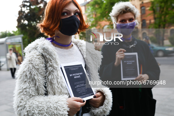 Feminist activists demonstrate against sex violence towards women and acclaiming Roman Polanski during Polanski, Horowitz. Hometown document...