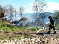 Fire fighters trying to control the fire in Lanciano, Abruzzo, Italy on April 2, 2021. (