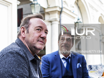 Kevin Spacey and actor Robert Davi take a break in a Cafe in downtown Turin, Italy on June 1, 2021. 
The actor Kevin Spacey visits Turin wh...