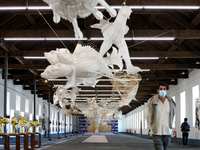 Artworks by Chinese artist Ai Weiwei are pictured during a press preview of his new exhibition 'Rapture'  at the Cordoaria Nacional in Lisbo...