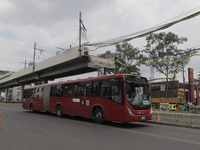 Public transport metrobus circulates in emergency zone on Avenida Tláhuac in Mexico City, after the collapse of a column on Line 12 of the M...