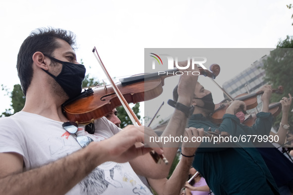 Musicians played music at Syntagma Square front of the Greek Parliament due to the World Environment Day in Athens, Greece on June 5, 2021. 