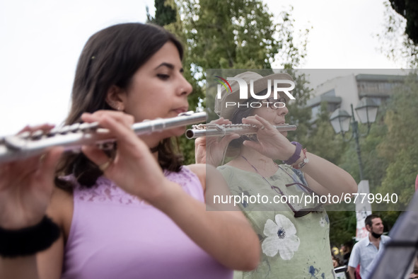 Musicians played music at Syntagma Square front of the Greek Parliament due to the World Environment Day in Athens, Greece on June 5, 2021. 