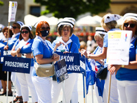 Polish nurses and midwives protest during Warning Strike at the Main Square in Krakow, Poland, on June 7, 2021. Nurses and midwives from aro...