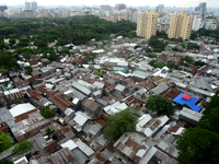 A top view part of Mohakhali slum in Dhaka, Bangladesh, on June 8, 2021. According to World Bank, each year up to half million rural migrant...