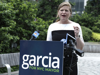 New York City mayoral candidate Kathryn Garcia speaks to the press at the Abzug Park in Hudson Yards on June 8, 2021 in New York City, USA....