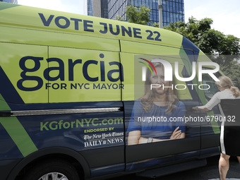 New York City mayoral candidate Kathryn Garcia leaves following a press conference at the Abzug Park in Hudson Yards on June 8, 2021 in New...