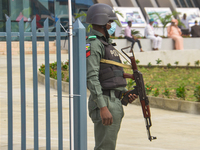 A security man stand on guard before the arrival of Nigerian President, Muhammad Buhari at the newly commissioned Mobolaji Johnson Railway S...