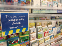 Shrink wrap restricts goods not allowed to be sold at a Walmart store during the novel coronavirus (COVID-19) pandemic in Toronto, Ontario,...