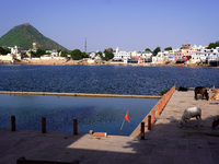 A Deserted view of Holy lake during the weekend lockdown in Pushkar, Rajasthan, India on 12 June 2021. Pushkar lake is an important Hindu pi...