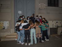 Fifth-grade students of Rieti sing Antonello Venditti's 'Notte Prima degli Esami' in front of their school, in Rieti, Italy, on June 15, 202...