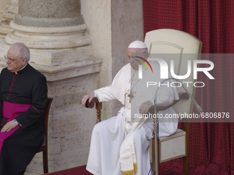 Pope Francis attends his weekly general audience in the San Damaso Courtyard at the Vatican, Wednesday, June 16, 2021.  (
