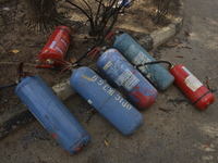 Fire extinguishers used in putting fire inside the Ogun State Property and Investment Corporation Plaza along Mobolaji Bank Anthony Way is s...