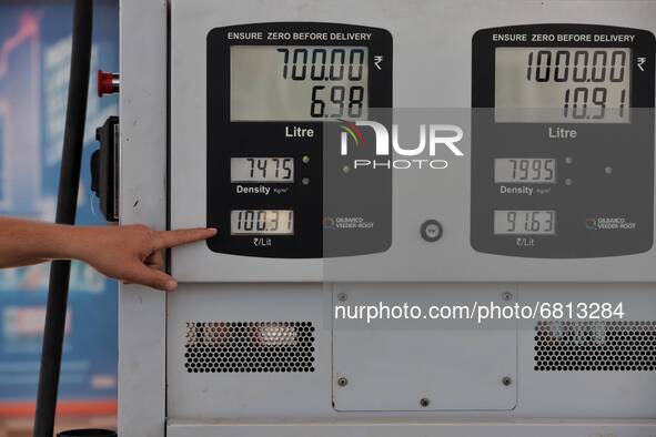 A Meter shows Petrol prices above Rs 100 a litre in Sopore, District Baramulla, Jammu and Kashmir, India on 19 June 2021. 