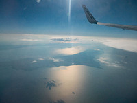 Wing view of Halkidiki during the flight. Flying during the Covid-19 Coronavirus pandemic inside a Boeing 737-800 aircraft of Ryanair low co...