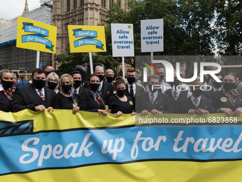 LONDON, UNITED KINGDOM - JUNE 23, 2021: Pilots and cabin crews join hundreds of protesters representing the travel industries protesting out...
