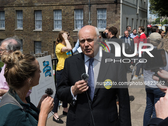 LONDON, UNITED KINGDOM - JUNE 23, 2021: Sir Ian Duncan Smith MP speaks to the media during a protest of the aviation and travel industries o...