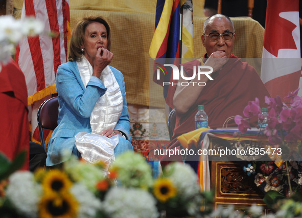 Nancy Pelosi, The Dalai Lama, Valerie Jarrett and Richard Gere visit New York City to celebrate the Dalai Lama's 80th birthday at the Javits...