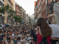 Organisers of the protest giving a speech against homophobia in Madrid, Spain, on July 5, 2021 during a protest following the murder of Samu...