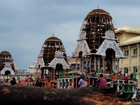 Newly built wooden chariots for the ditties of Shree Jagannath temple are seen outside of the temple ahead of ditties annual Rathyatra festi...
