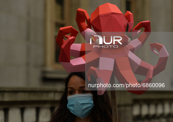 An activist carries an octopus made of paper during the 'Protect Our Seas' protest in front of Leinster House in Dublin.
On Wednesday, 07 Ju...