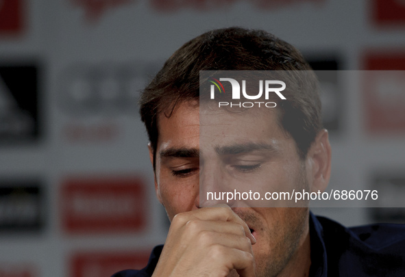 SPAIN, Madrid:Spanish goalkeeper Iker Casillas crying during the press conference of his farewell of Real Madrid, at Santiago Bernabeu Stadi...