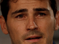SPAIN, Madrid:Spanish goalkeeper Iker Casillas crying during the press conference of his farewell of Real Madrid, at Santiago Bernabeu Stadi...