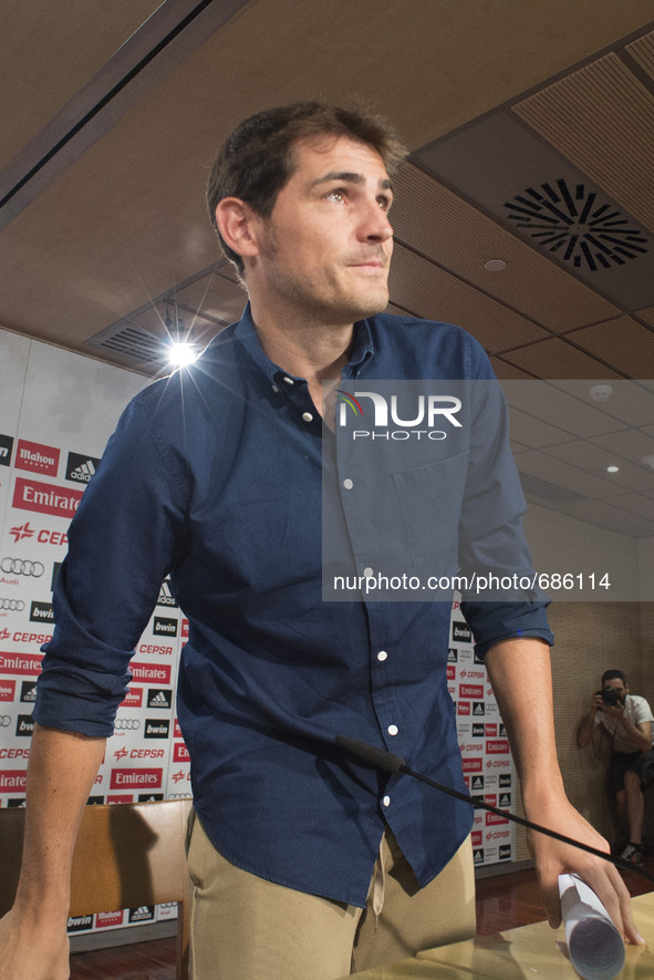 Real Madrid's goalkeeper Iker Casillas arrives prior to giving a press conference at the Santiago Bernabeu stadium in Madrid on July 12, 201...