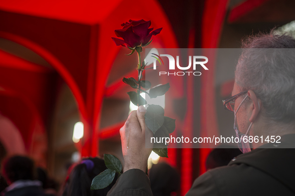 A person holds a rose in the middle of the funeral of Luisa Toledo Sepulveda, mother of brothers Rafael(18) and Eduardo Vergara Toledo(19)....